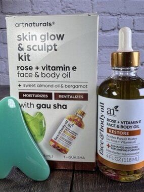 ArtNaturals Face & Body Rose & Vitamin E Bio Oil 4.0oz + Gua Sha Facial Tool Set